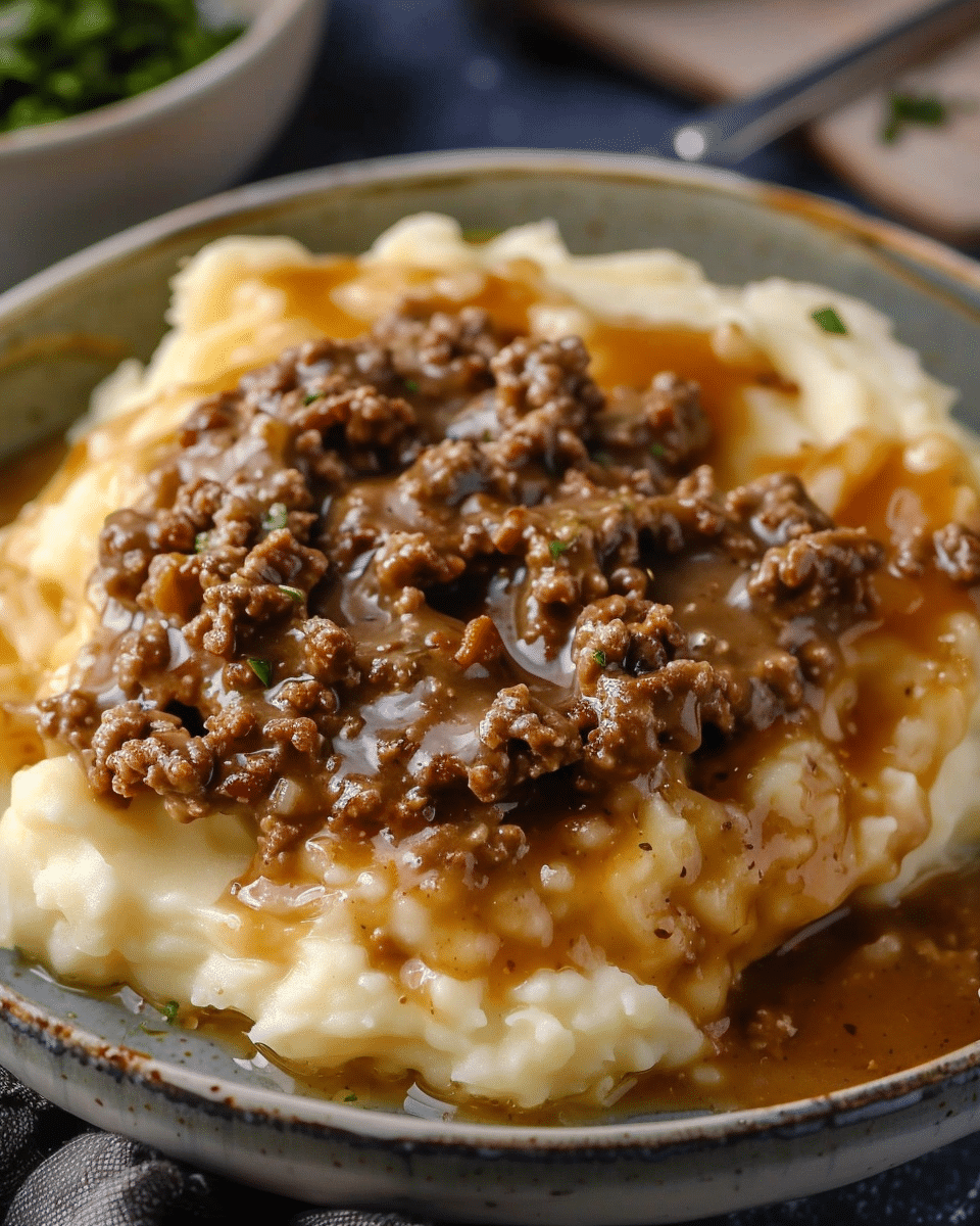 Ground Beef and Gravy Over Mashed Potatoes