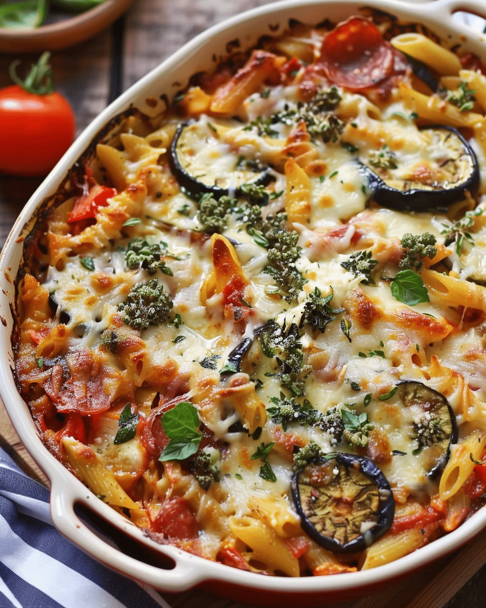 Baked Penne with Cottage Cheese, Eggplant, and Salami