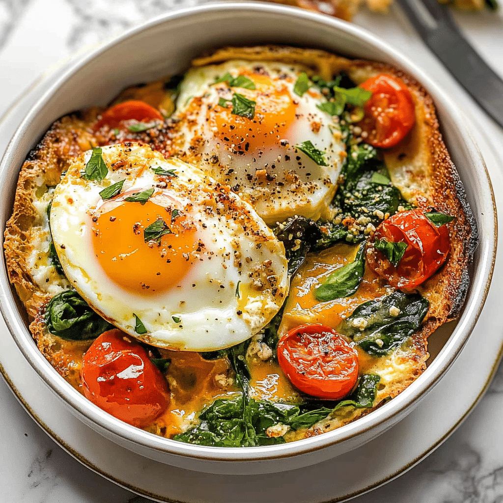 Baked Feta Eggs with Spinach and Tomatoes