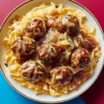 Saucy Skillet French Onion Meatballs with Egg Noodles