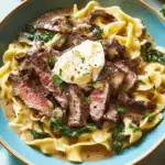 Garlic Butter Steak with Egg Noodles and Spinach Salad