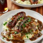 Bangers and Colcannon with Guinness Onion Gravy