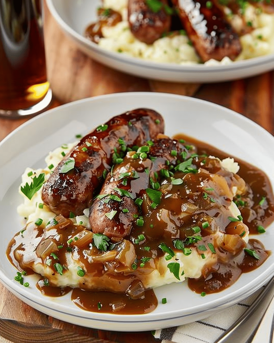 Bangers and Colcannon with Guinness Onion Gravy