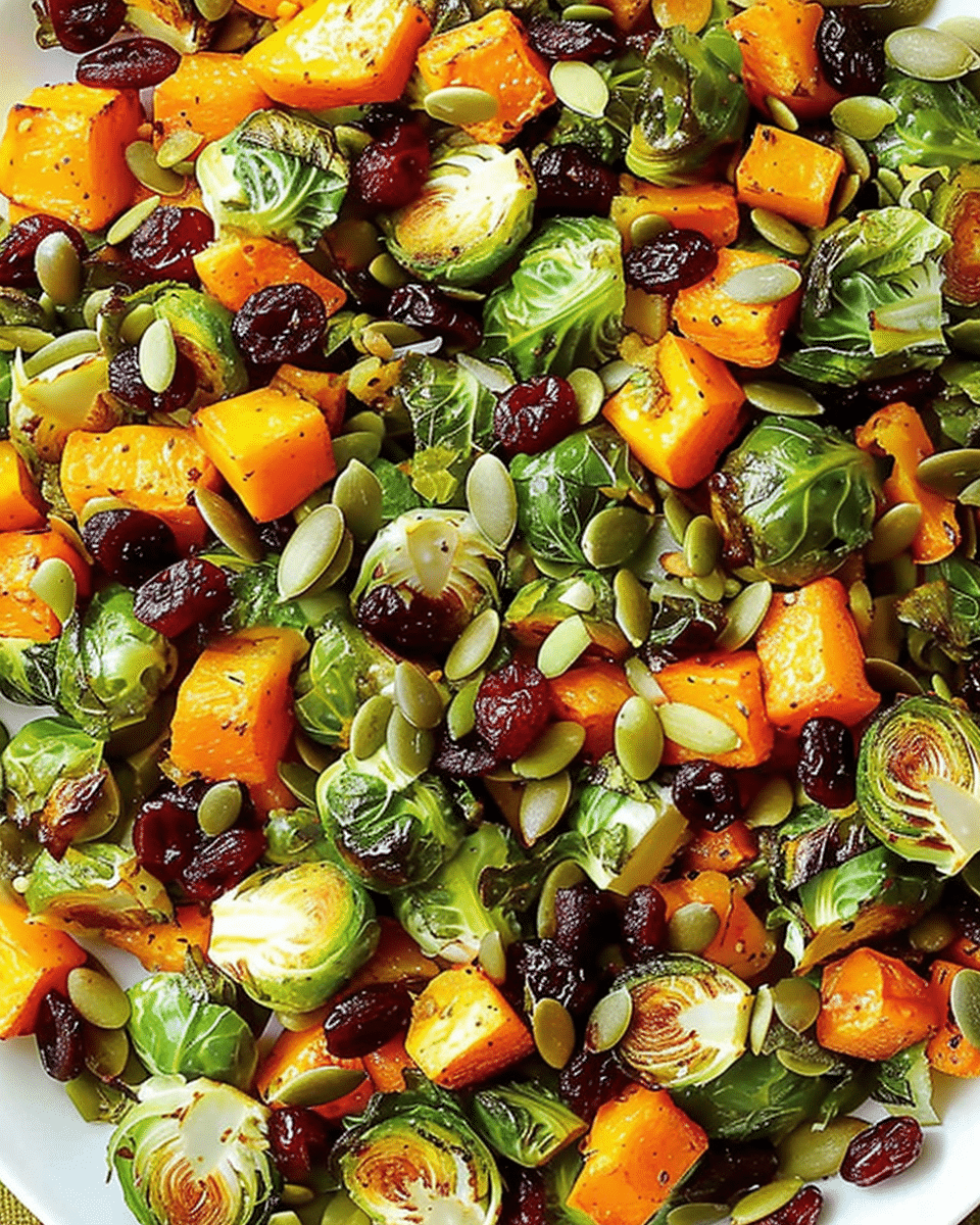 Roasted Brussels Sprouts Salad with Maple Butternut Squash, Pumpkin Seeds, and Cranberries