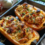 Sweet and Savory Honey Roasted Butternut Squash Stuffed with Chicken