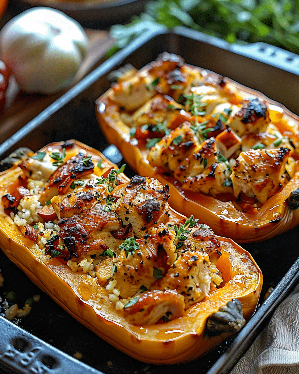 Sweet and Savory Honey Roasted Butternut Squash Stuffed with Chicken