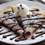 Chocolate Brownie Dessert Crepes with Ice Cream & Chocolate Drizzle