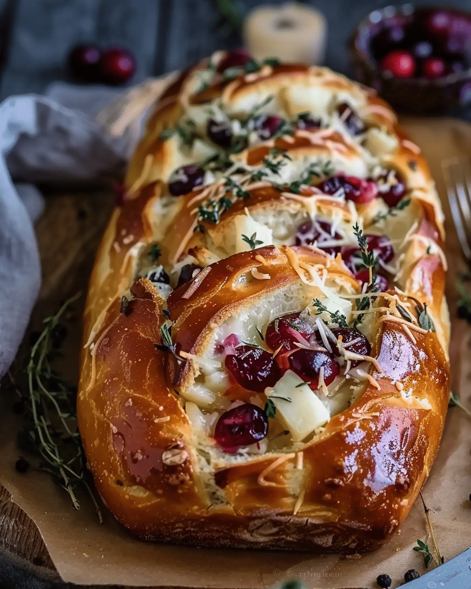 Garlic Herb Sourdough Bread Stuffed with Brie & Cranberry