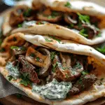Cheesy Beef and Mushroom Pita Pockets with Tzatziki Sauce