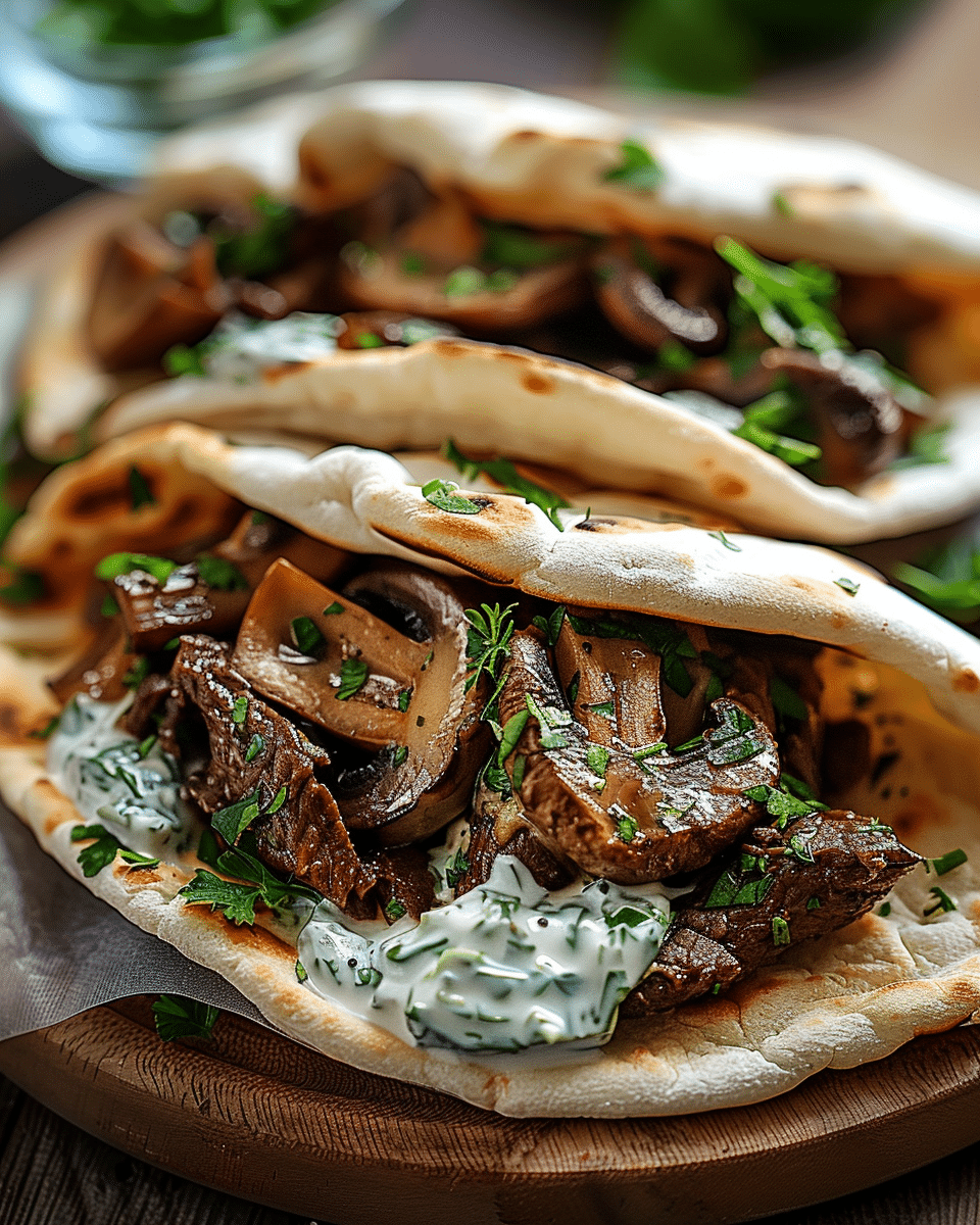 Cheesy Beef and Mushroom Pita Pockets with Tzatziki Sauce