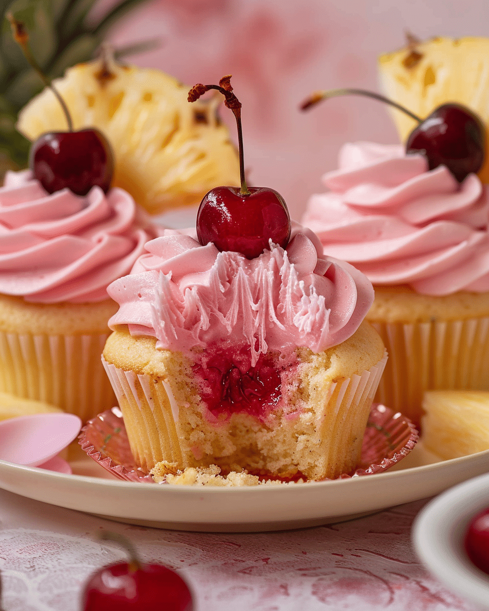 Pineapple Cupcakes with Cherry Frosting