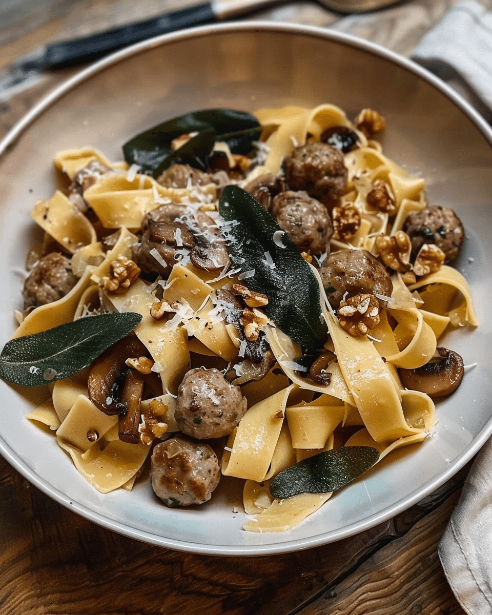 Winter Pasta with Mushrooms, Sausage Meatballs, Walnuts & Crispy Sage: A Cozy, Flavorful Dish